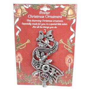 Vintage Pewter Christmas Ornament Joy with Holly and Musical Instruments USA New